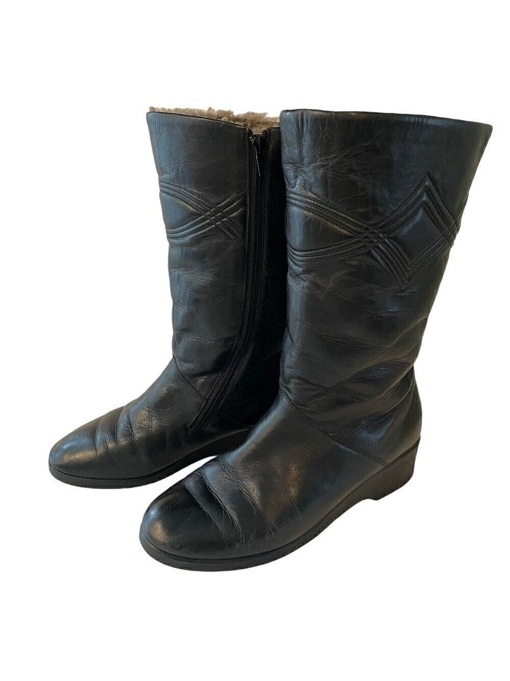 Vintage Salamander Lambskin Boots Womens 6 Black Leather German Winter Fur Lined